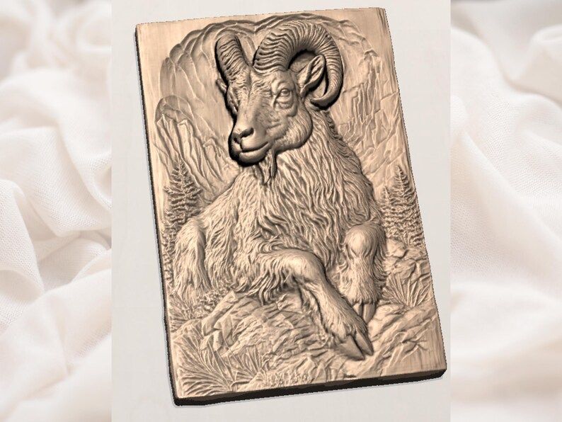 Bighorn Ram Resting on Alpine Cliffs Bas-Relief STL bas-relief STL — view 2