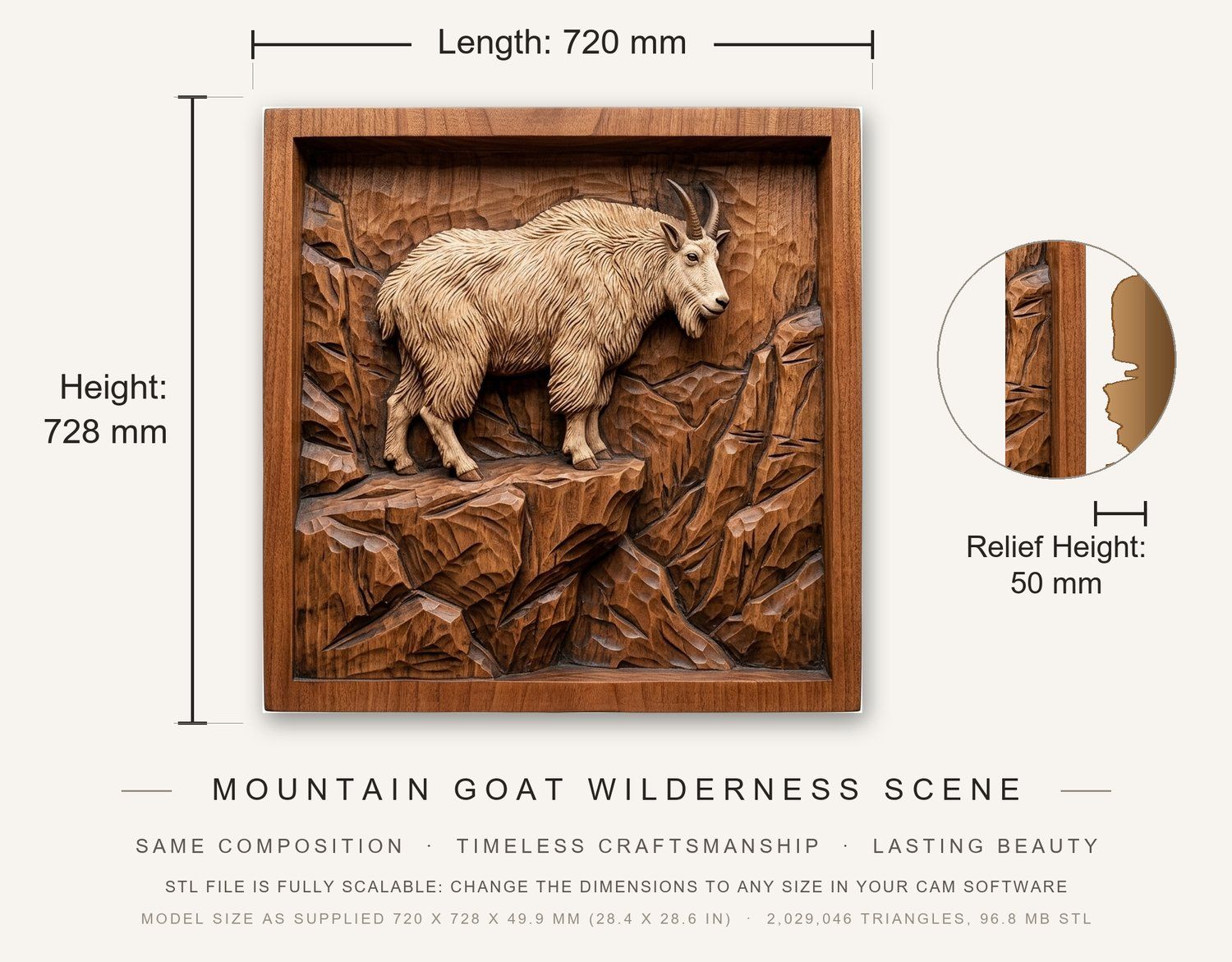Mountain Goat Wilderness Scene CNC Relief STL bas-relief STL — view 3