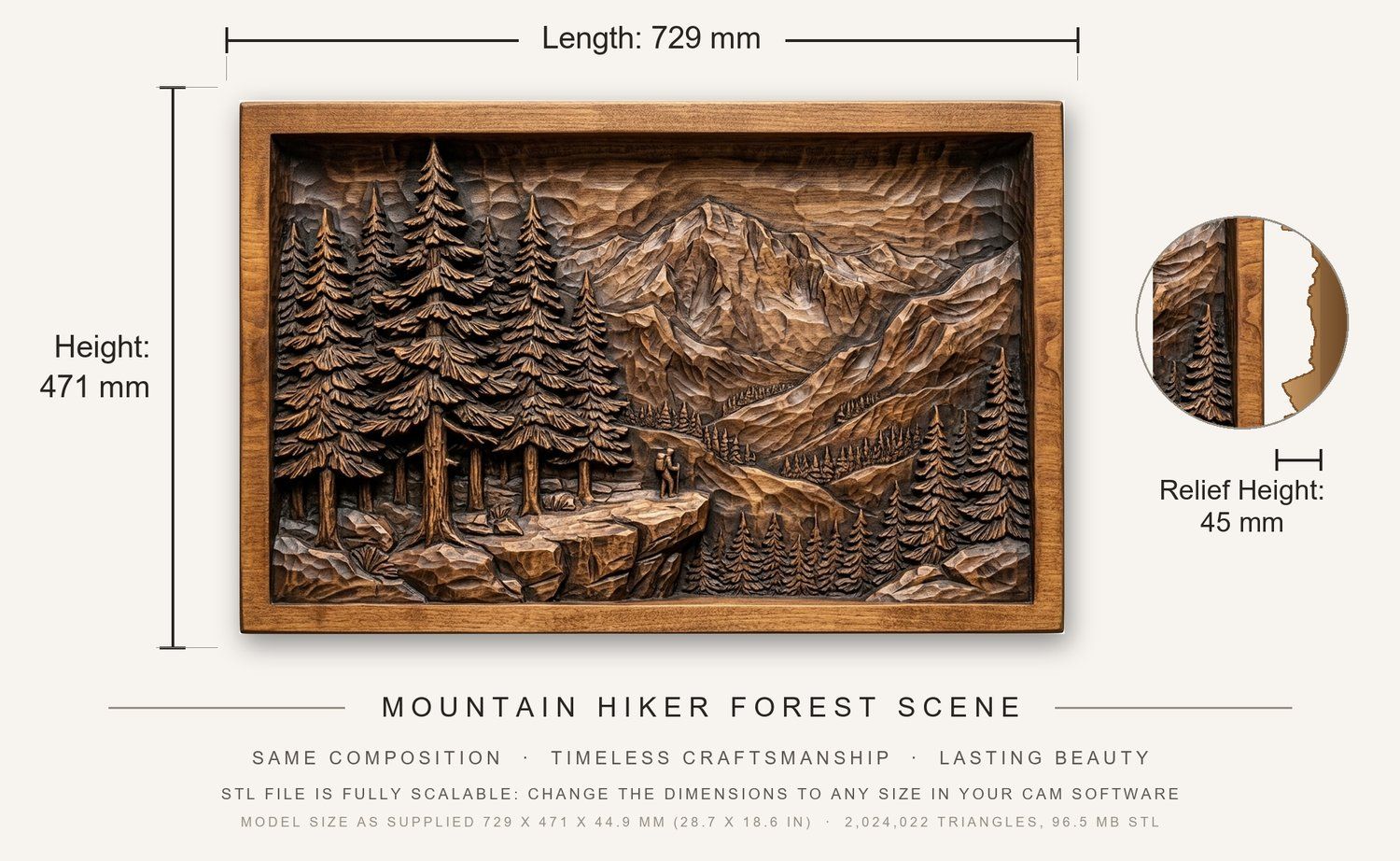 Mountain Hiker Forest Scene CNC Relief STL bas-relief STL — view 3
