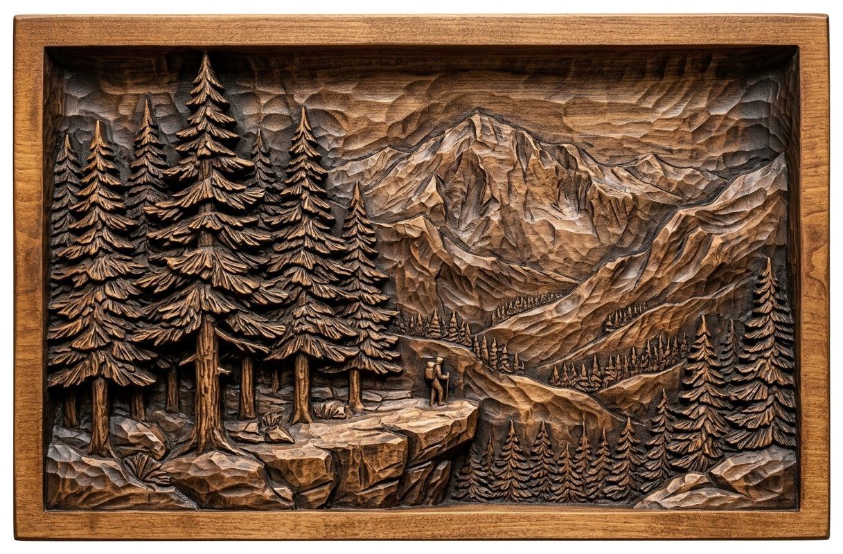 Mountain Hiker Forest Scene CNC Relief STL bas-relief STL — view 4