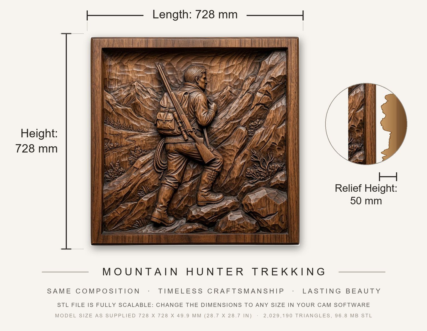 Mountain Hunter Trekking CNC Relief STL bas-relief STL — view 3