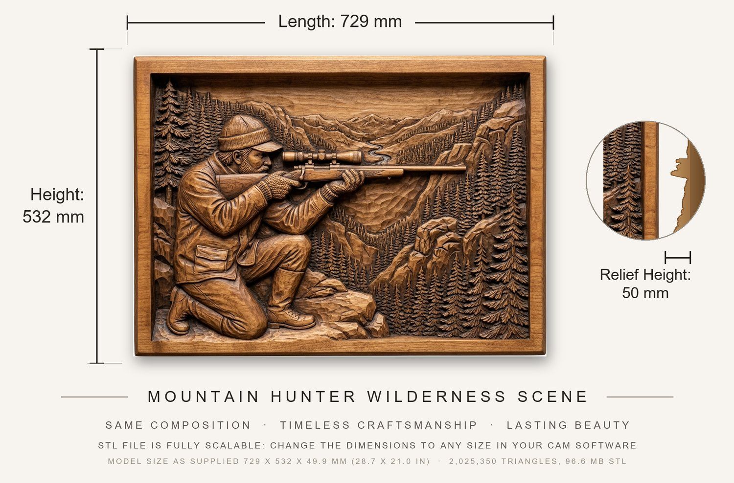 Mountain Hunter Wilderness Scene CNC Relief STL bas-relief STL — view 3