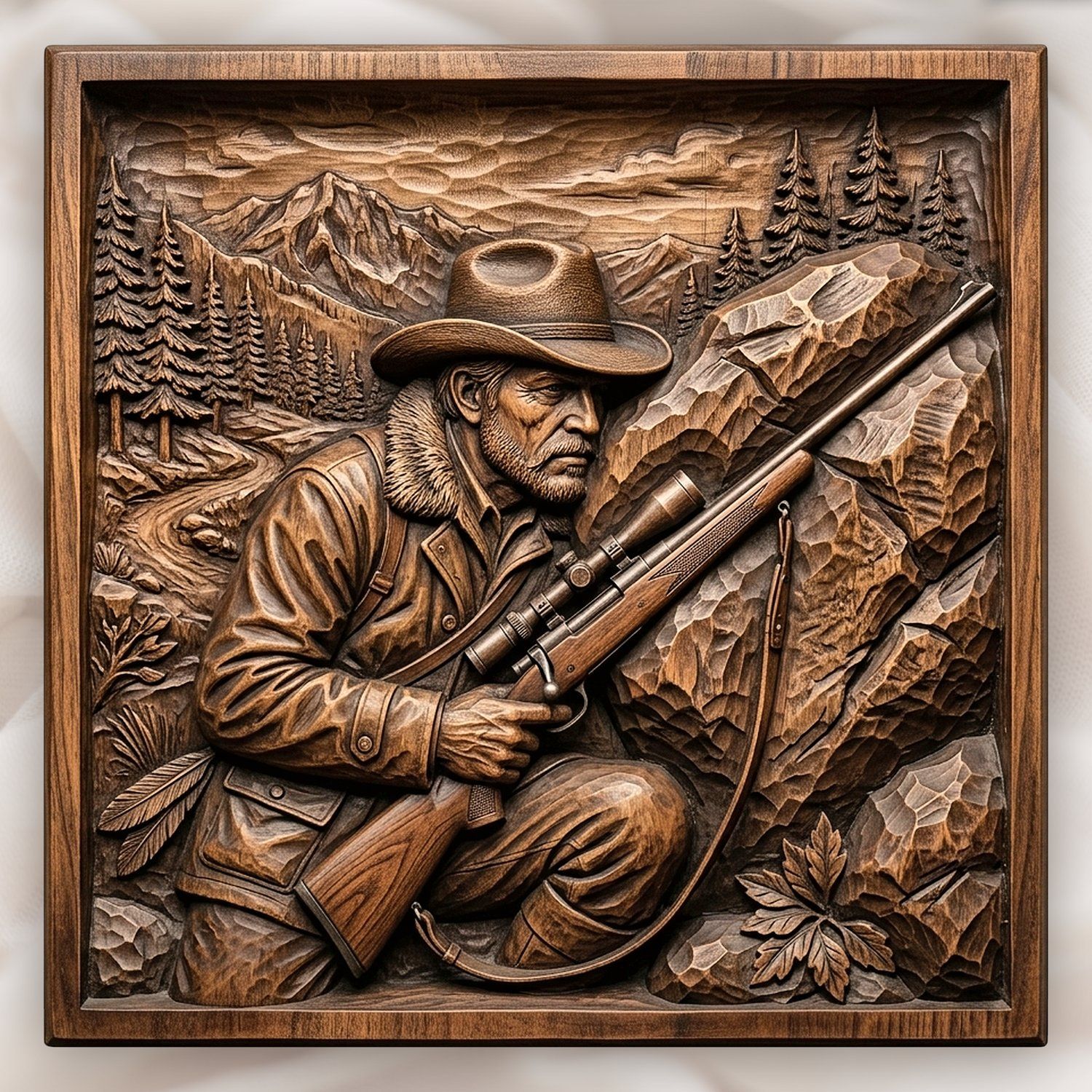 Mountain Hunter with Rifle Scene CNC Relief STL bas-relief STL design