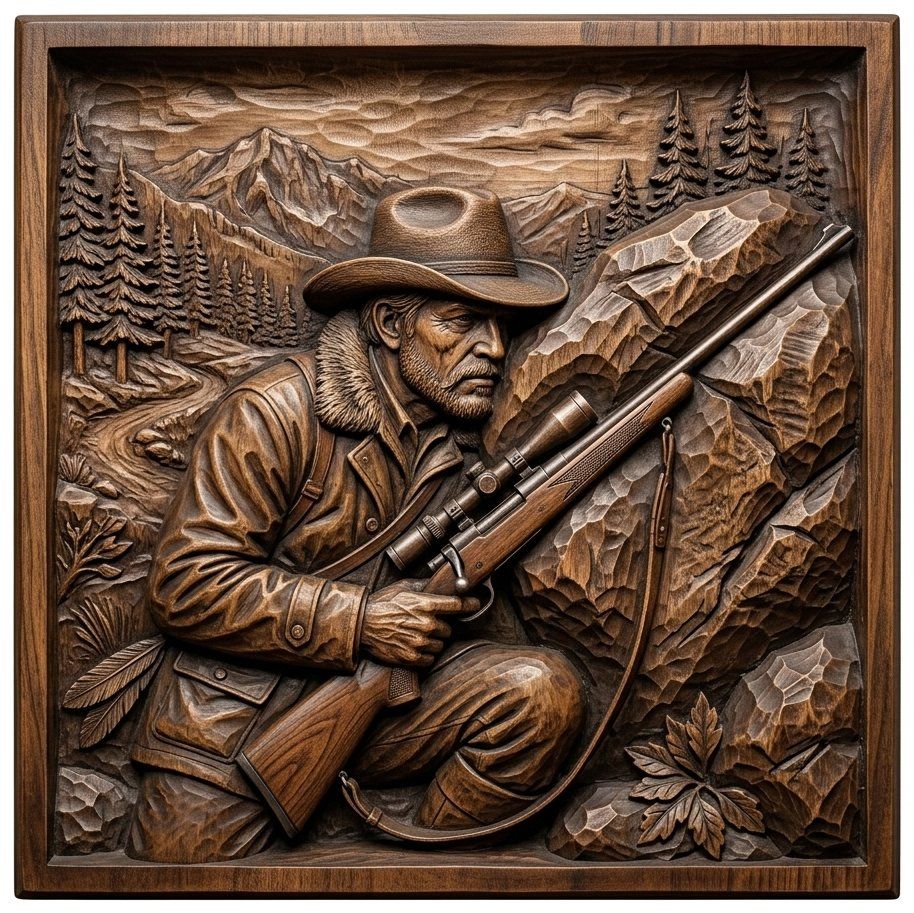 Mountain Hunter with Rifle Scene CNC Relief STL bas-relief STL — view 4
