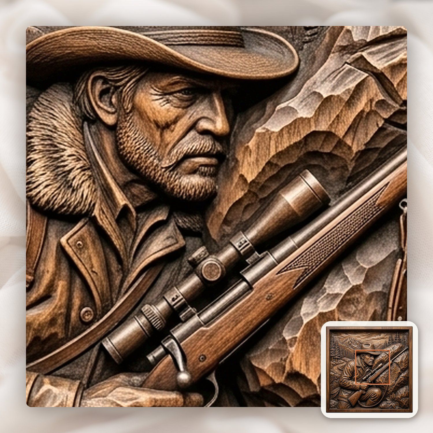 Mountain Hunter with Rifle Scene CNC Relief STL bas-relief STL — view 11