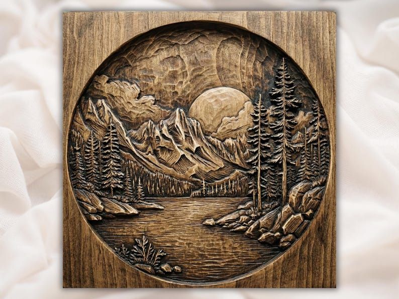 Round wood relief carving of a mountain lake at sunrise with pine trees, rocky shore, and clouds.