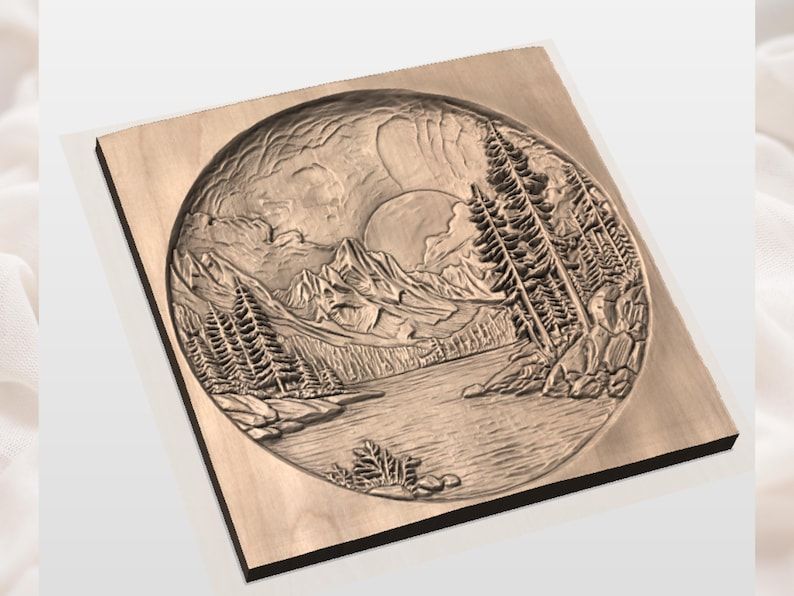 Mountain Lake Sunrise Round Bas-Relief STL for CNC Carving bas-relief STL — view 2