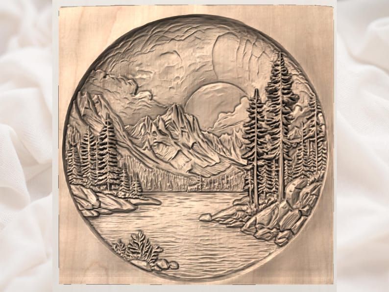Mountain Lake Sunrise Round Bas-Relief STL for CNC Carving bas-relief STL — view 3