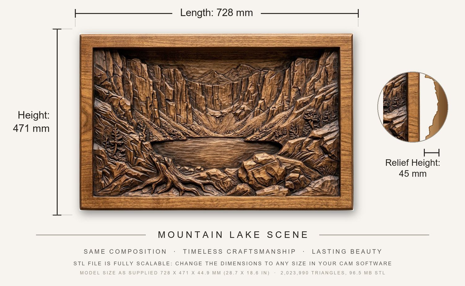 Mountain Lake Scene CNC Relief STL bas-relief STL — view 3