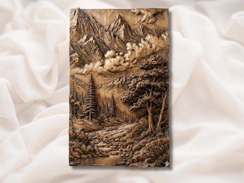 Carved wood bas-relief of a mountain range with clouds, pine forest, a single tree, cabin, and river.