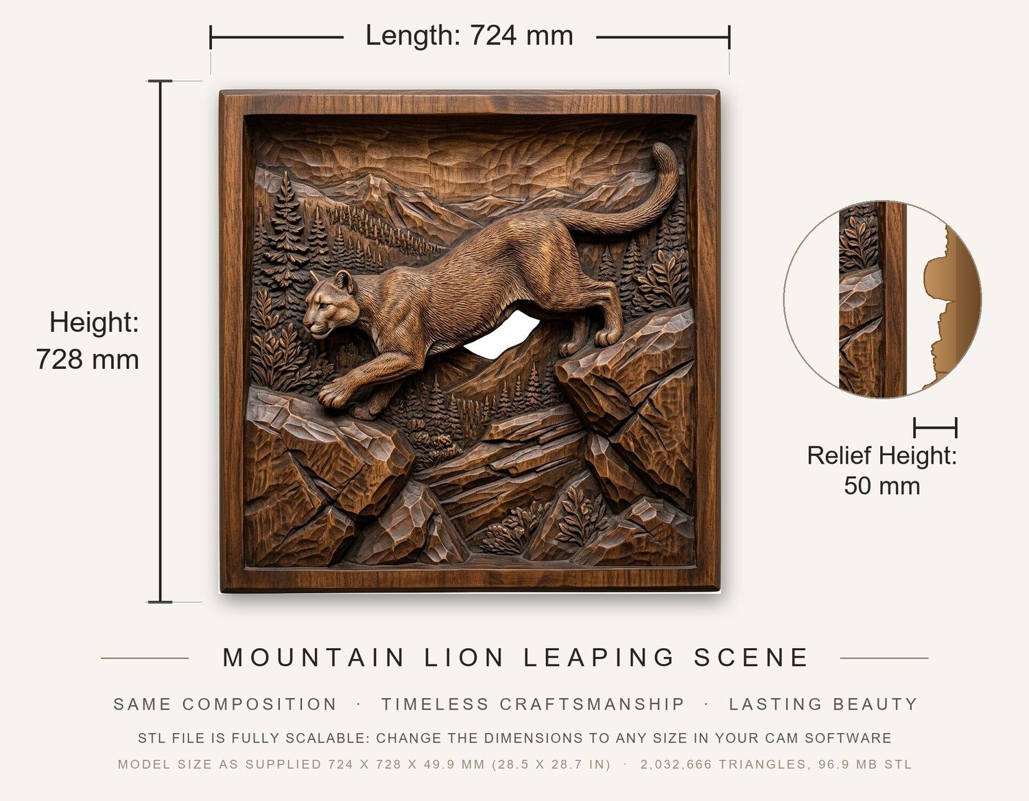 Mountain Lion Leaping Scene CNC Relief STL bas-relief STL — view 3