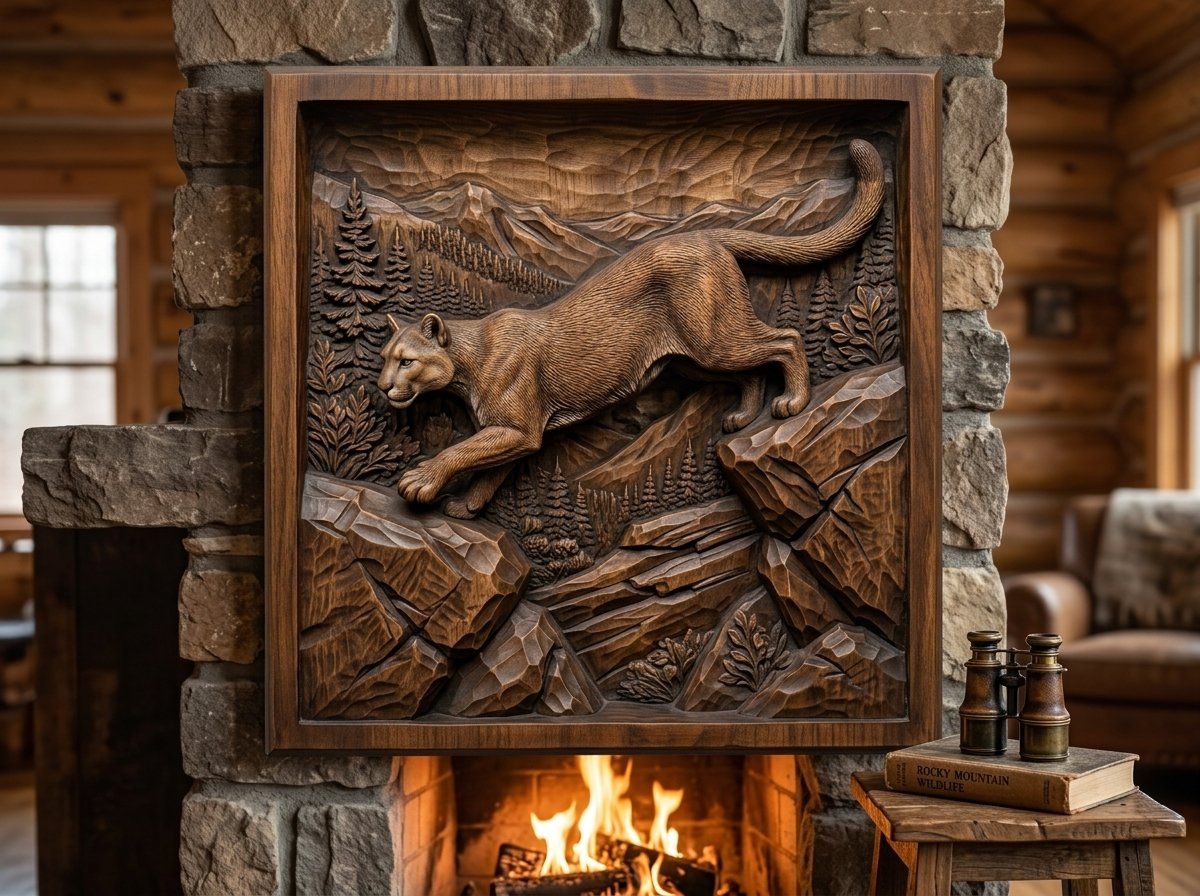 Mountain Lion Leaping Scene CNC Relief STL bas-relief STL — view 14