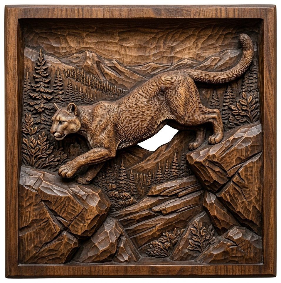 Mountain Lion Leaping Scene CNC Relief STL bas-relief STL — view 4