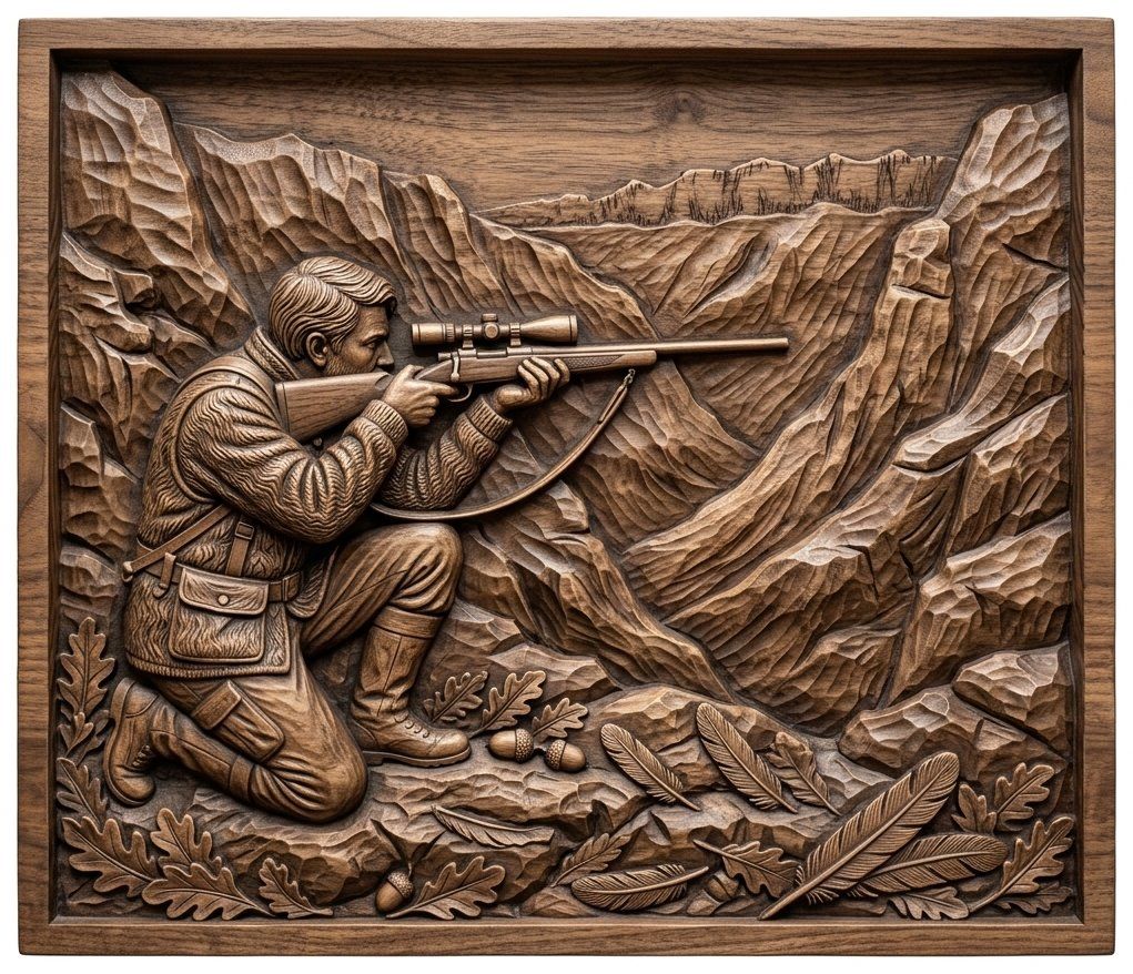 Mountain Marksman Hunter Scene CNC Relief STL | Wilderness Sniper Wall Art | Rustic Hunting Cabin Decor Panel — carved bas relief STL file for CNC