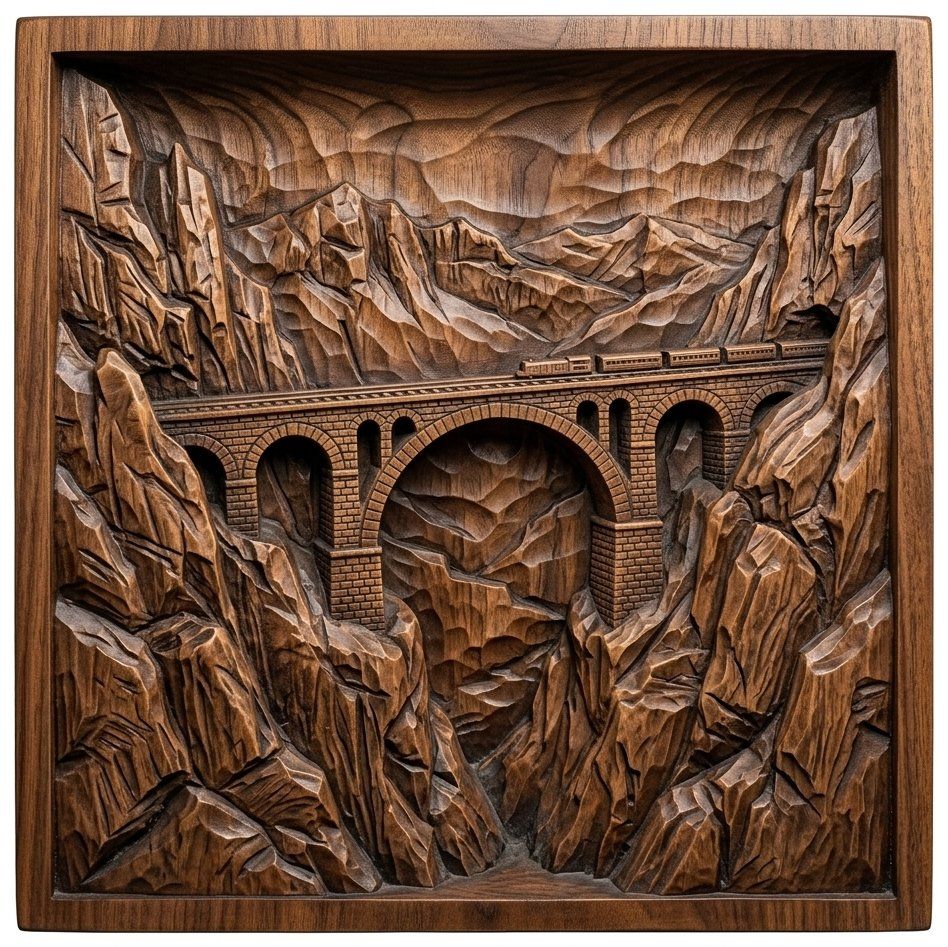 Mountain Railway Bridge Train CNC Relief STL bas-relief STL — view 4