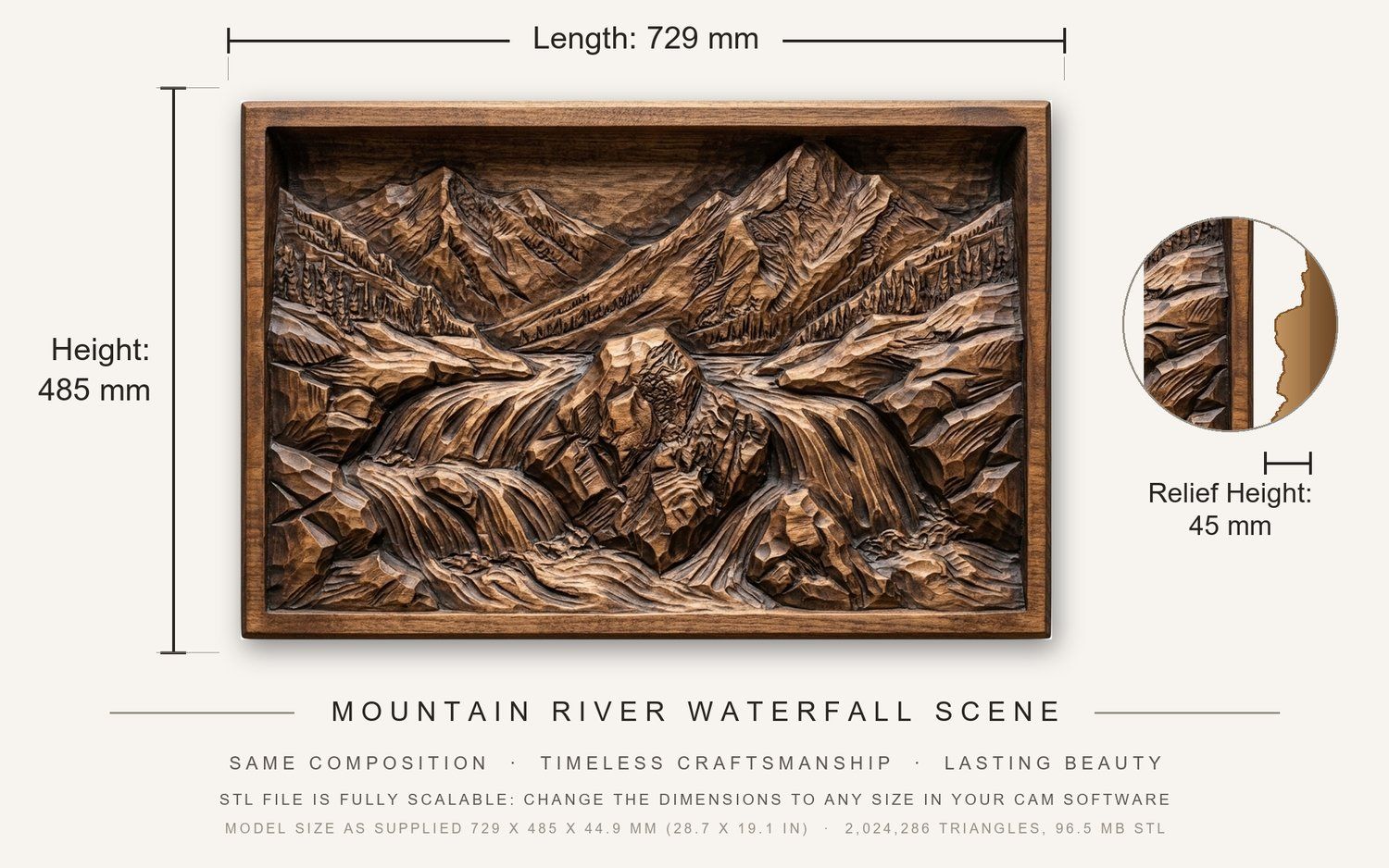 Mountain River Waterfall Scene CNC Relief STL bas-relief STL — view 3