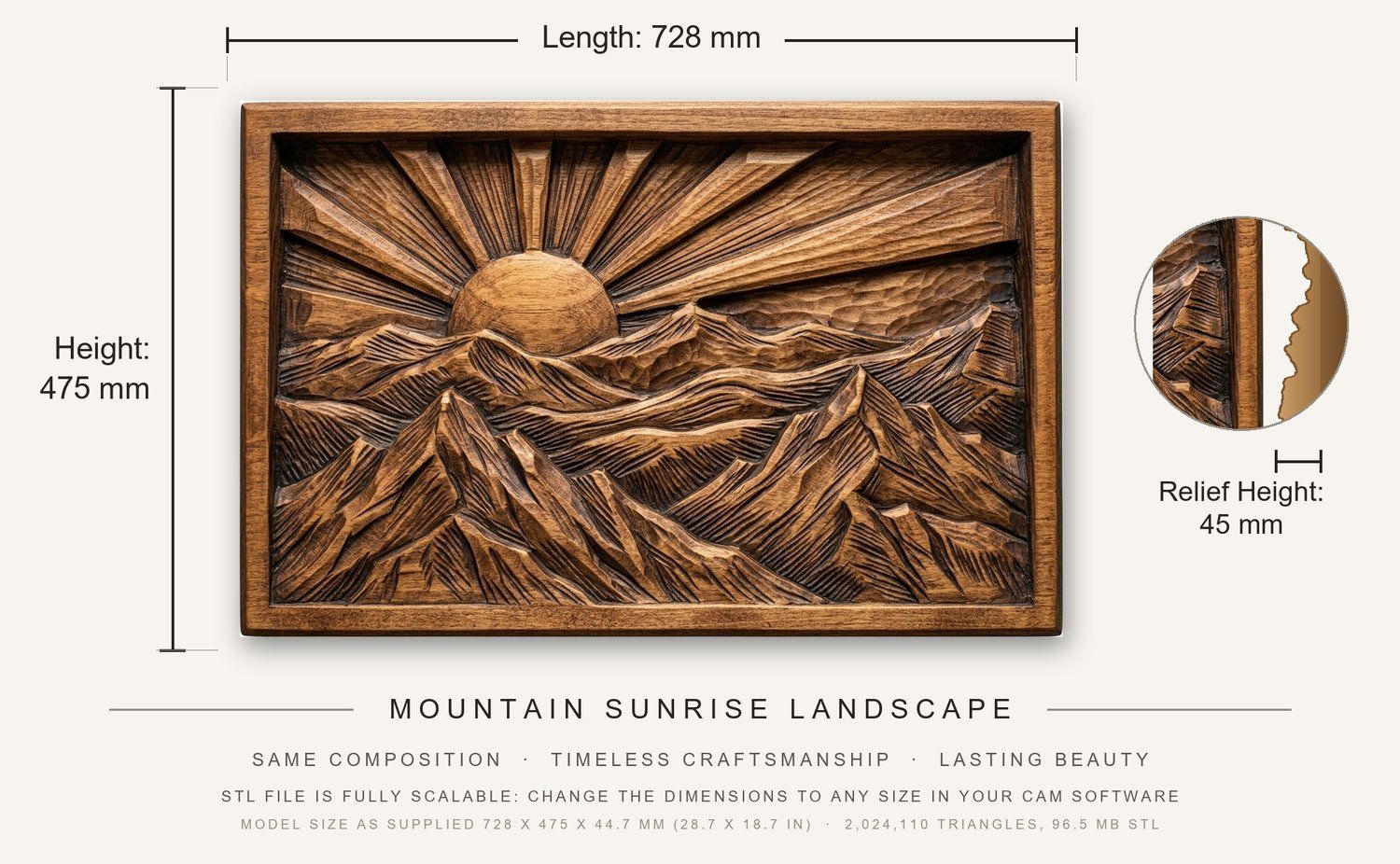 Mountain Sunrise Landscape CNC Relief STL bas-relief STL — view 3