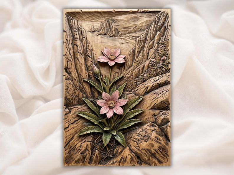 Carved wood relief of two pink wildflowers growing from rocky terrain with a mountain valley and river behind.
