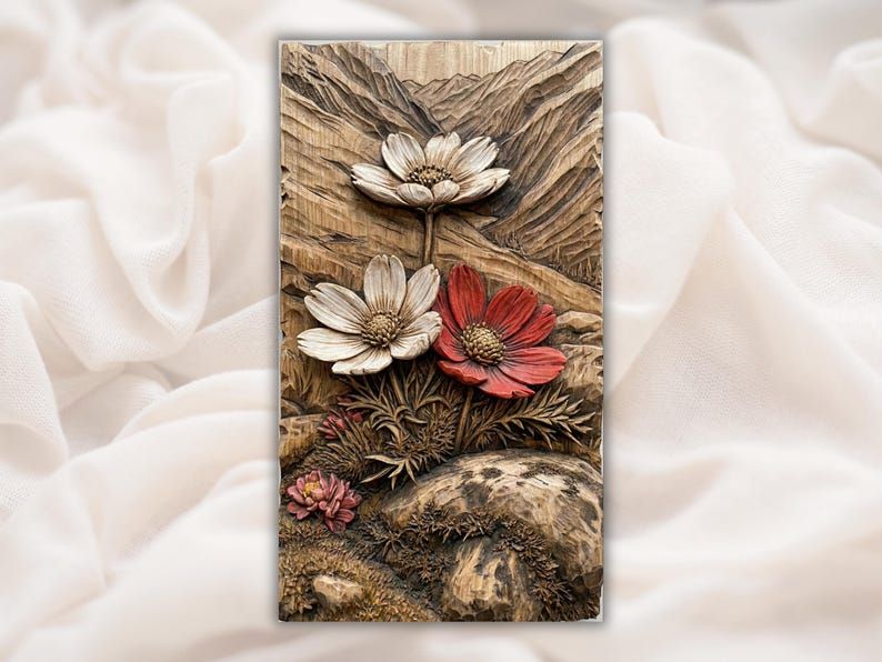 Bas-relief wood carving of white and red wildflowers on a rocky mountainside with peaks behind.