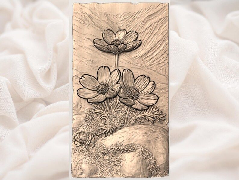 Alpine Wildflower Mountain Scene Bas-Relief STL Carving File bas-relief STL — view 3
