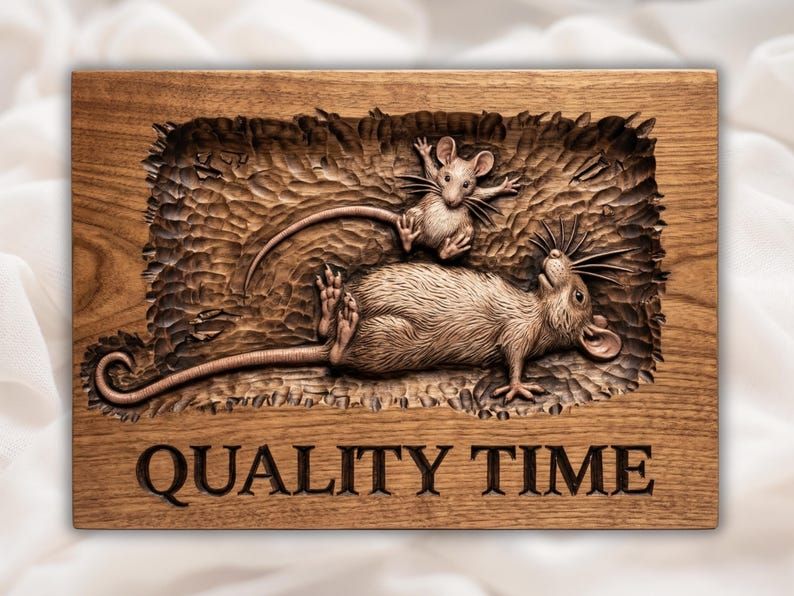 Carved wood relief of a reclining mouse and a baby mouse above the words Quality Time