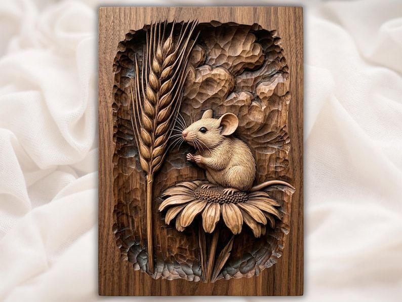 Carved wood bas-relief of a mouse sitting on a daisy bloom beside a tall wheat stalk