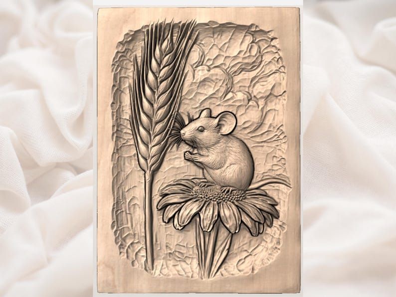 Field Mouse on a Daisy with Wheat Bas-Relief STL bas-relief STL — view 2