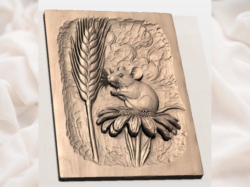 Field Mouse on a Daisy with Wheat Bas-Relief STL bas-relief STL — view 3