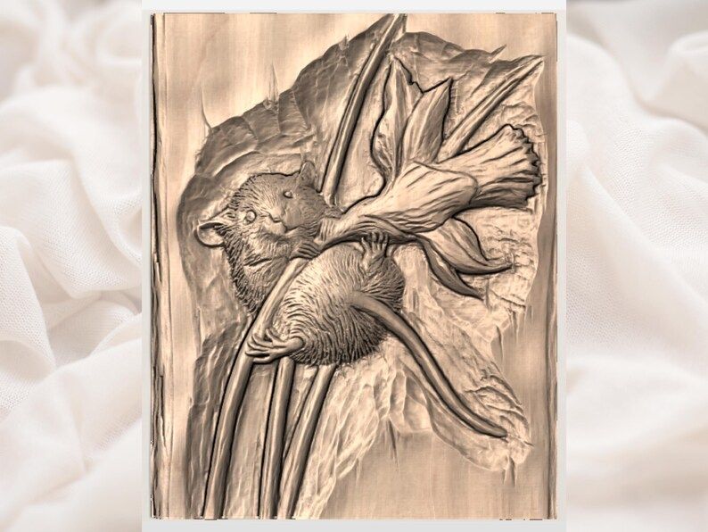 Field Mouse Clinging to a Daffodil Bas-Relief STL bas-relief STL — view 2