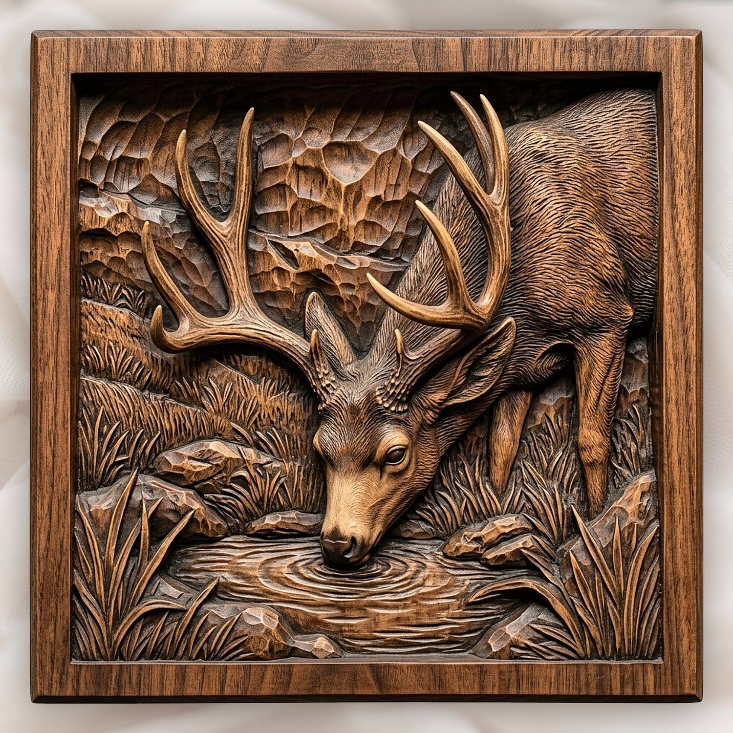 Mule Deer Buck Drinking at Mountain Pool CNC Relief STL bas-relief STL design