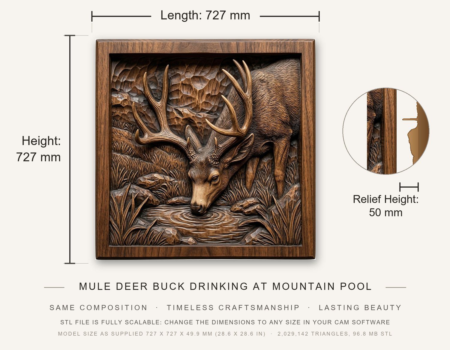 Mule Deer Buck Drinking at Mountain Pool CNC Relief STL bas-relief STL — view 3