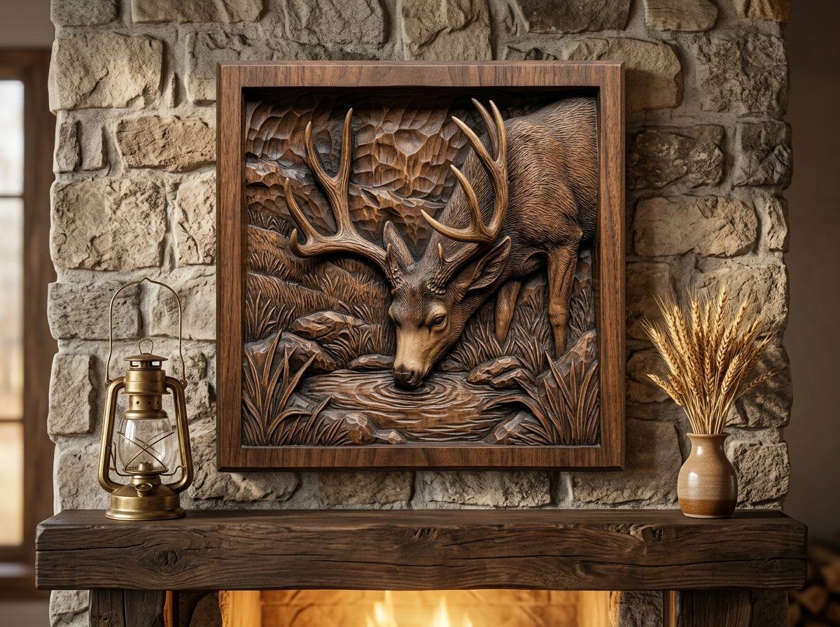 Mule Deer Buck Drinking at Mountain Pool CNC Relief STL bas-relief STL — view 13