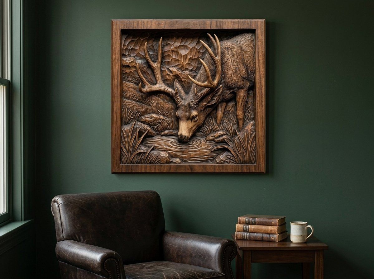 Mule Deer Buck Drinking at Mountain Pool CNC Relief STL bas-relief STL — view 14