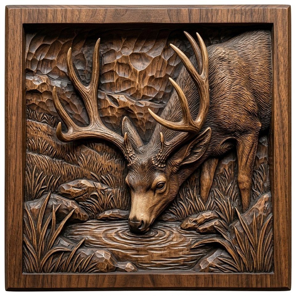 Mule Deer Buck Drinking at Mountain Pool CNC Relief STL bas-relief STL — view 4