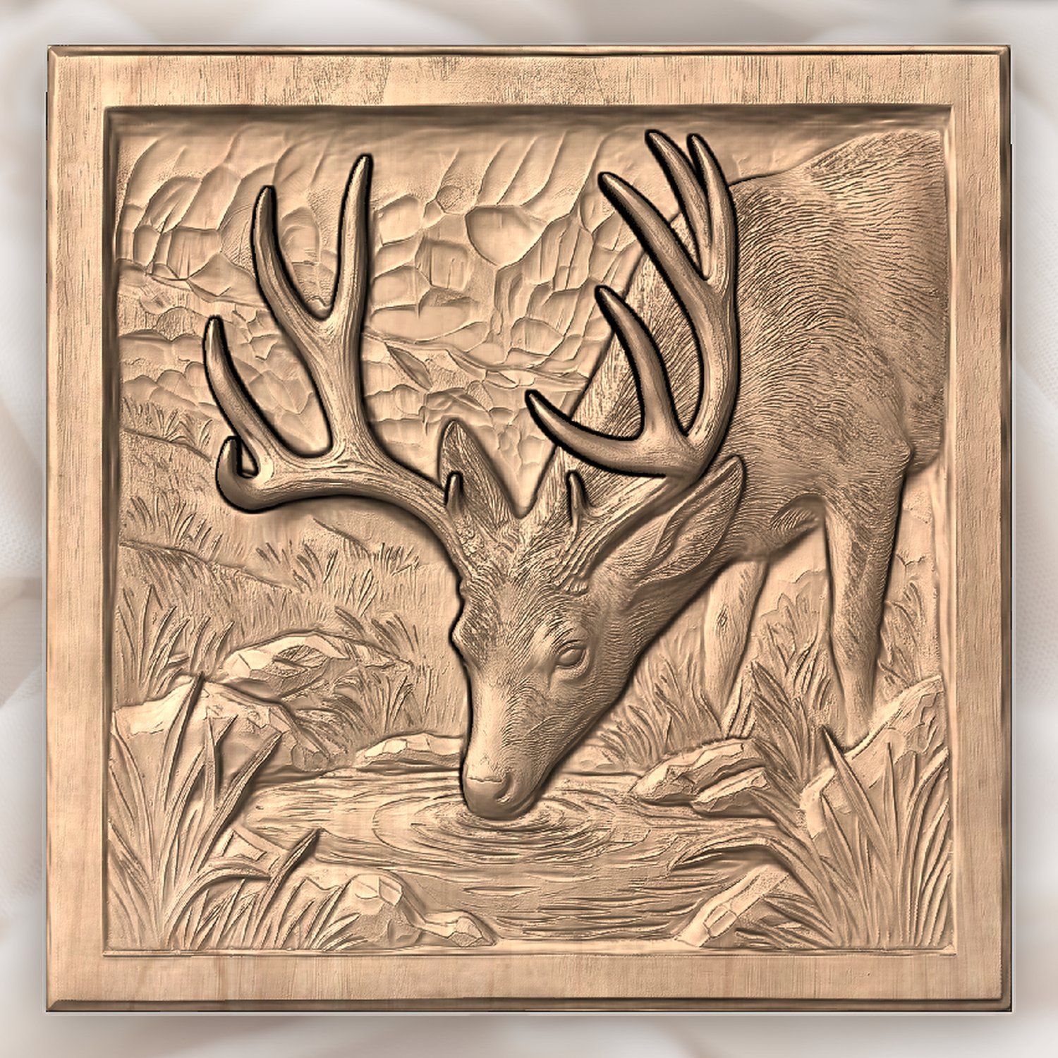 Mule Deer Buck Drinking at Mountain Pool CNC Relief STL bas-relief STL — view 5