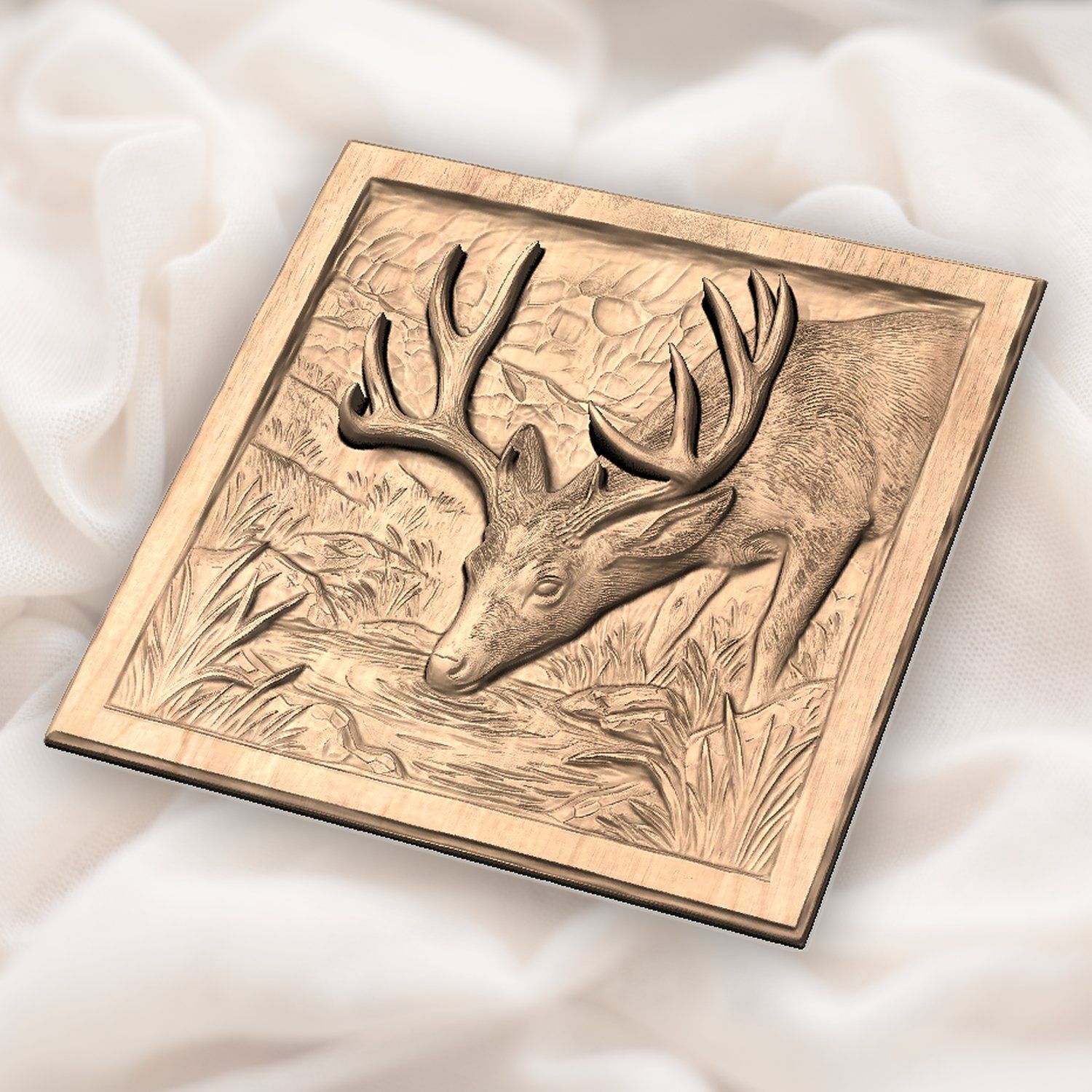 Mule Deer Buck Drinking at Mountain Pool CNC Relief STL bas-relief STL — view 6