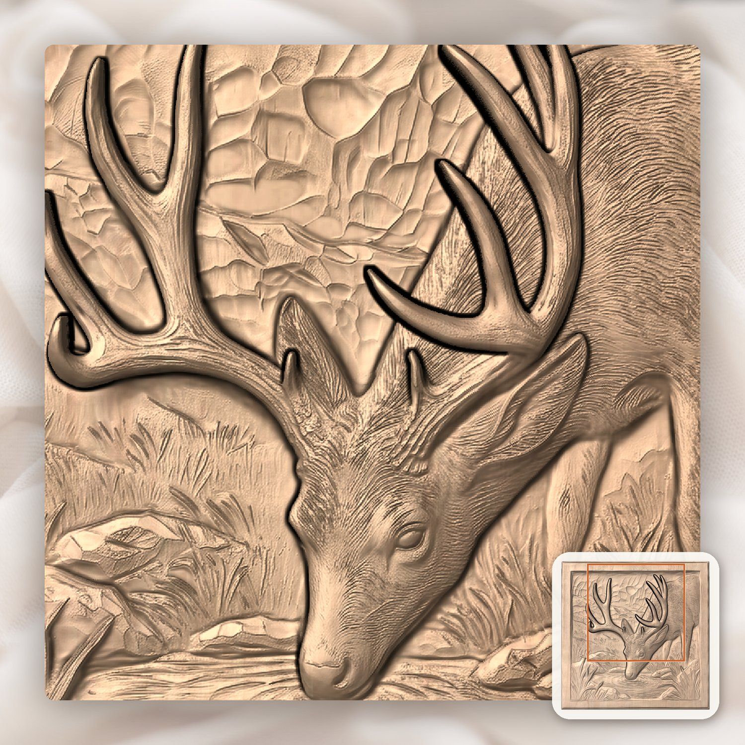 Mule Deer Buck Drinking at Mountain Pool CNC Relief STL bas-relief STL — view 7