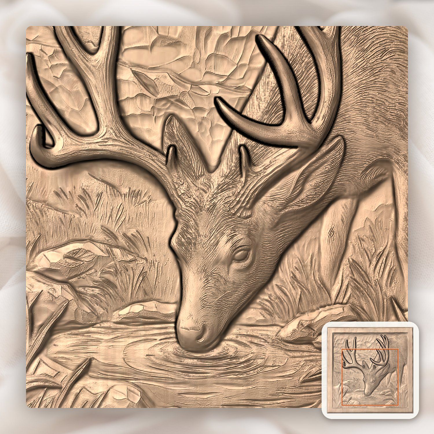 Mule Deer Buck Drinking at Mountain Pool CNC Relief STL bas-relief STL — view 8