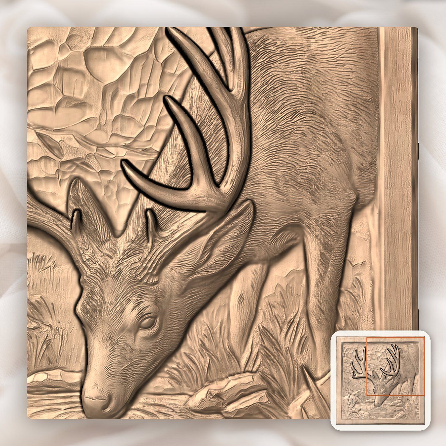 Mule Deer Buck Drinking at Mountain Pool CNC Relief STL bas-relief STL — view 9