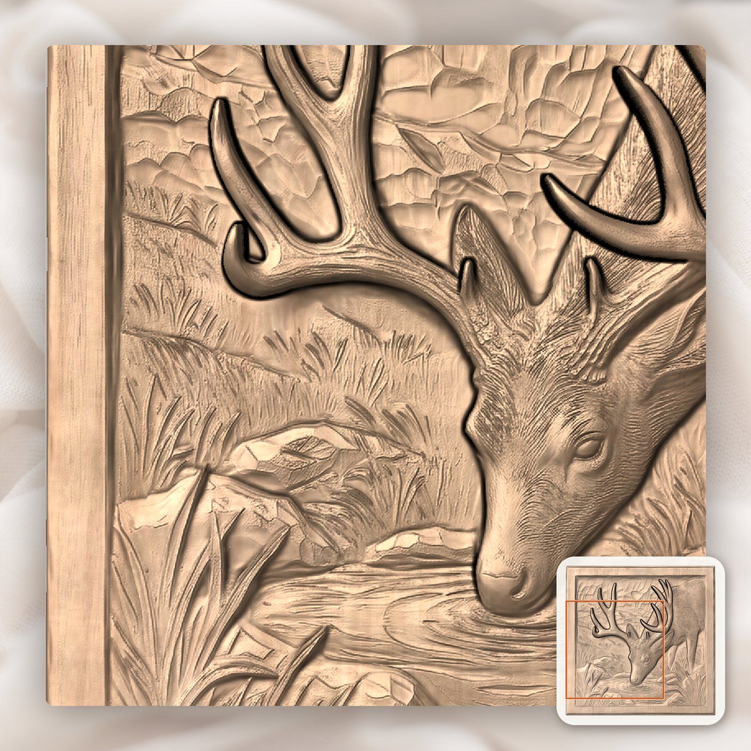 Mule Deer Buck Drinking at Mountain Pool CNC Relief STL bas-relief STL — view 10