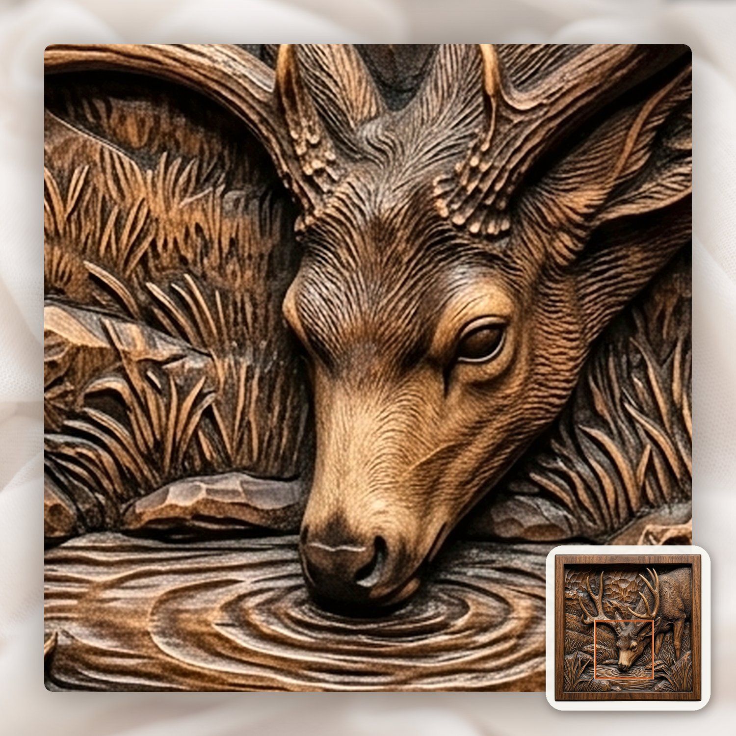 Mule Deer Buck Drinking at Mountain Pool CNC Relief STL bas-relief STL — view 11