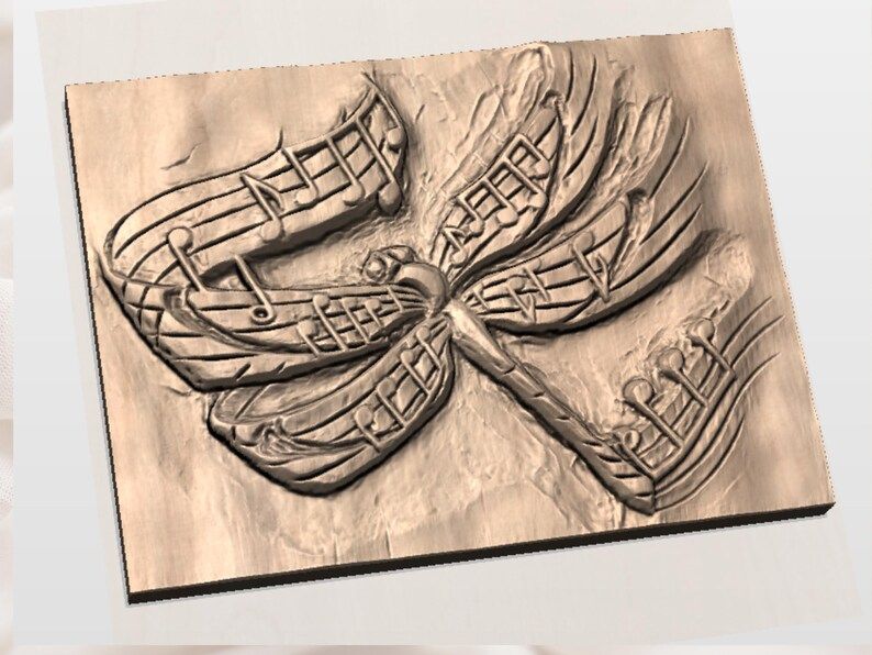 Music Dragonfly Bas-Relief STL with Flowing Musical Notes bas-relief STL — view 2