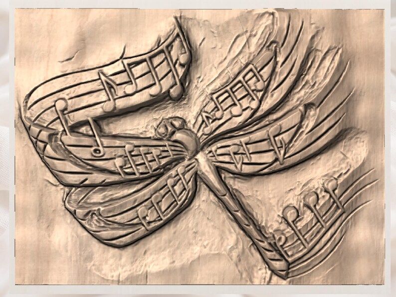 Music Dragonfly Bas-Relief STL with Flowing Musical Notes bas-relief STL — view 3