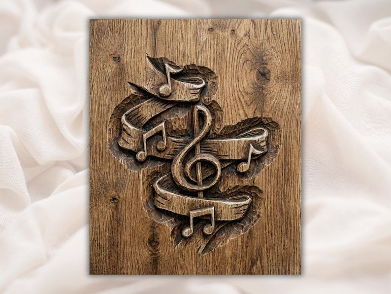Bas-relief wood carving of a treble clef with floating music notes on a curling ribbon