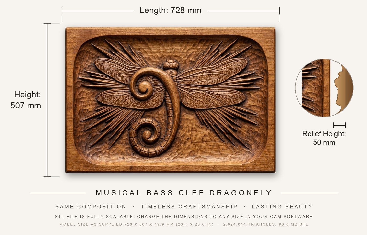 Musical Bass Clef Dragonfly CNC Relief STL bas-relief STL — view 3