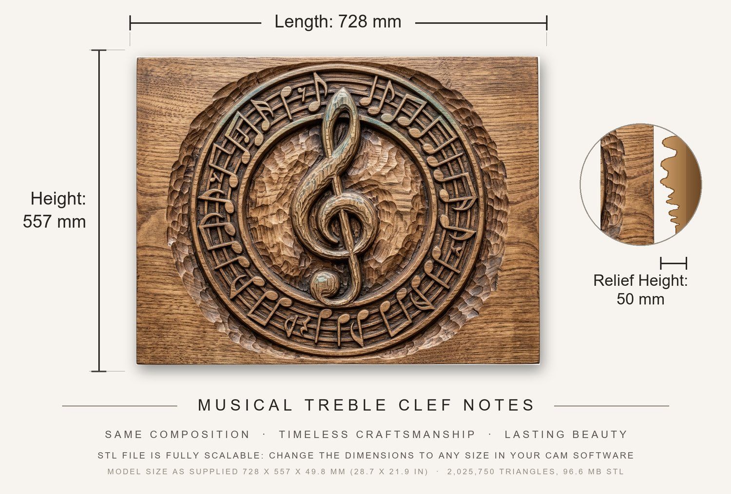 Musical Treble Clef Notes CNC Relief STL bas-relief STL — view 3