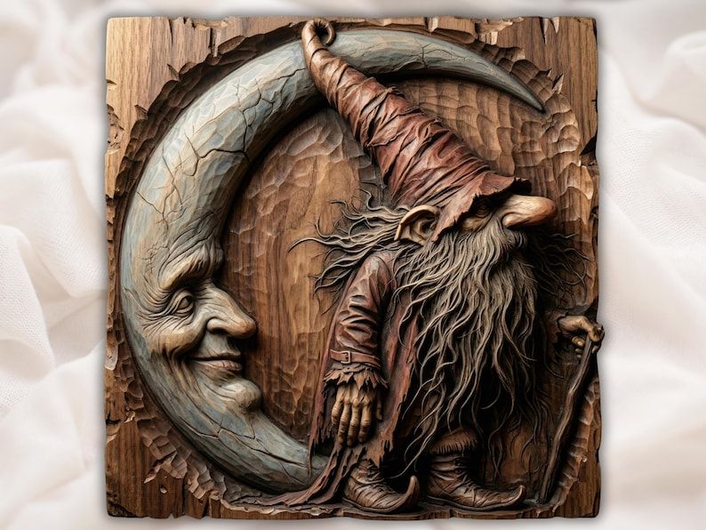 Bas-relief wood carving of a bearded wizard gnome with a staff leaning beside a smiling crescent moon.