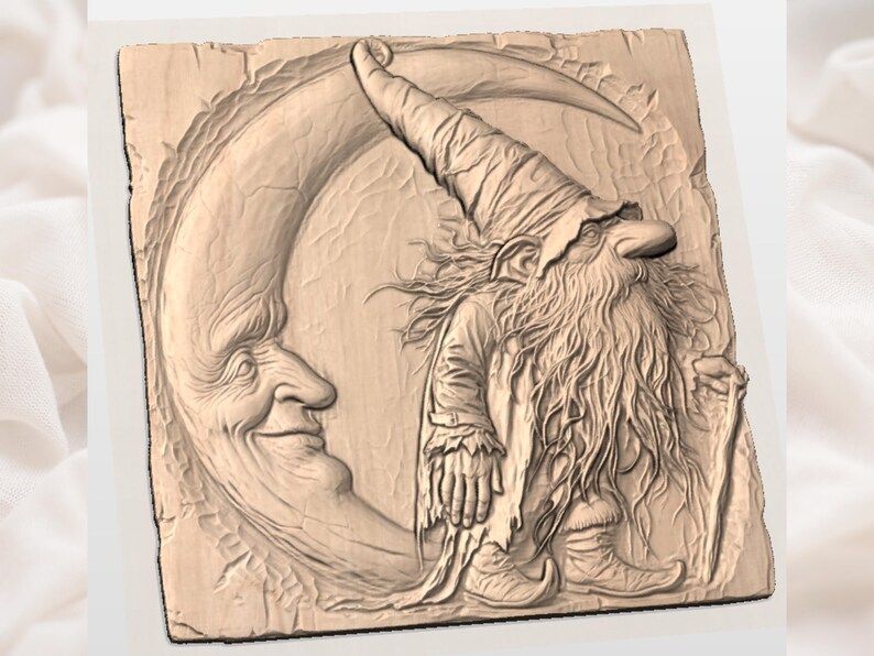 Wizard Gnome and Smiling Crescent Moon Bas-Relief STL bas-relief STL — view 2