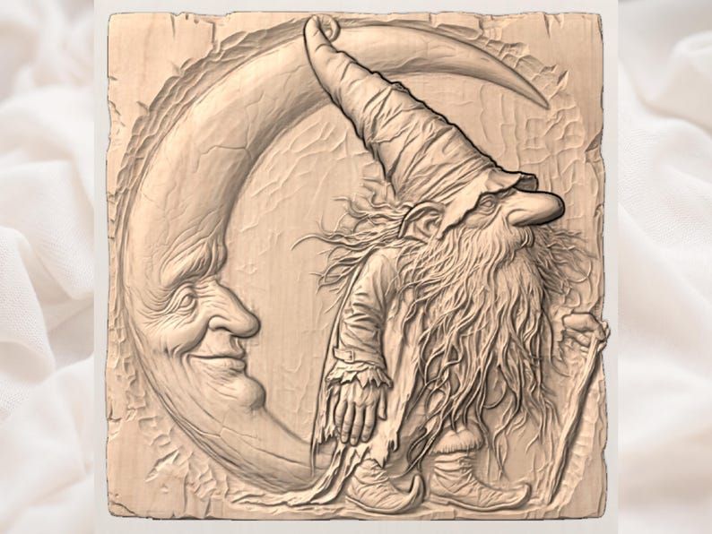 Wizard Gnome and Smiling Crescent Moon Bas-Relief STL bas-relief STL — view 3