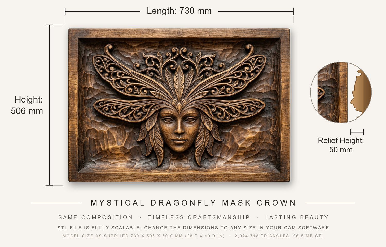 Mystical Dragonfly Mask Crown CNC Relief STL bas-relief STL — view 3
